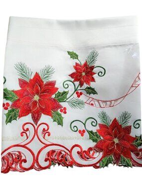 Collections Pair Embroidered Poinsettia Swag Valance Curtains Holiday Metallic